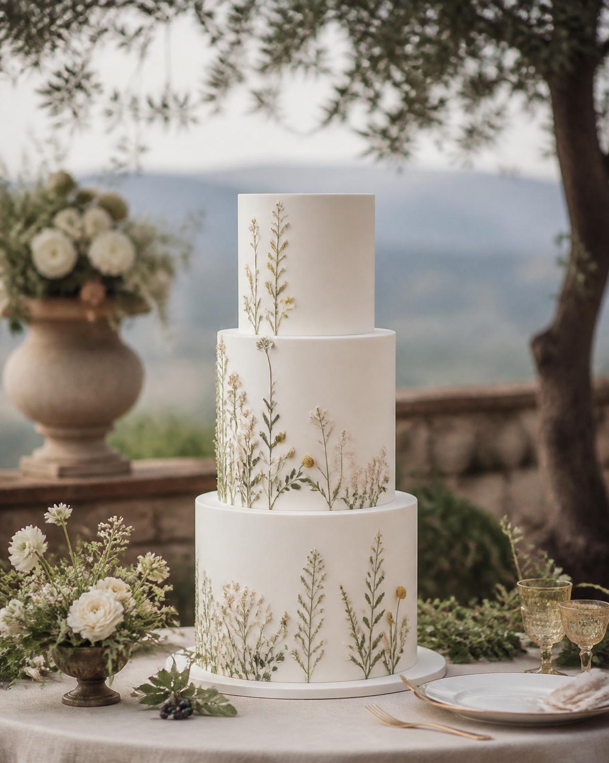 Torta nuziale a tre piani con fiori pressati, ambientazione toscana