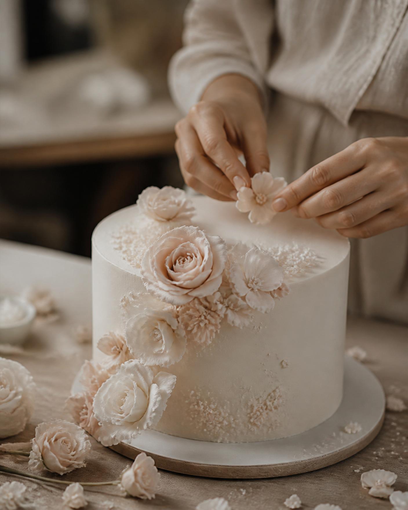 Mani che decorano una torta con fiori di zucchero